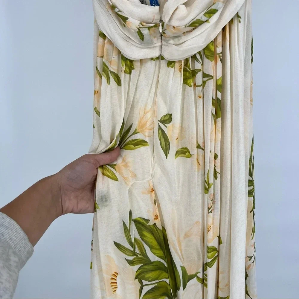 Farm Rio Cream Floral Boho V Neck Tie Back Adjustable Halter Maxi Dress Gown M - Picture 11 of 12